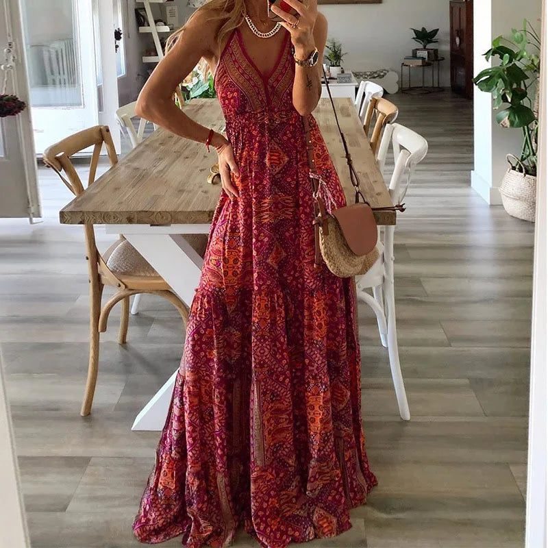 Boho Damen-Maxikleid mit Blumenprint
