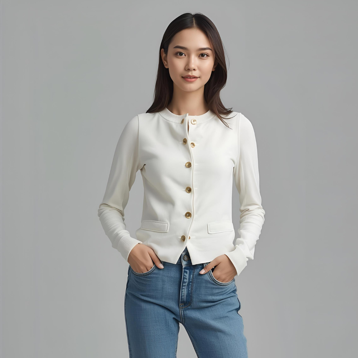 BIANCAEL | Elegante weiße Freizeitweste mit goldenen Details